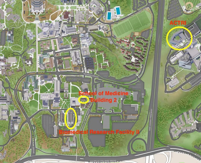 school of medicine campus map with three locations highlighted 